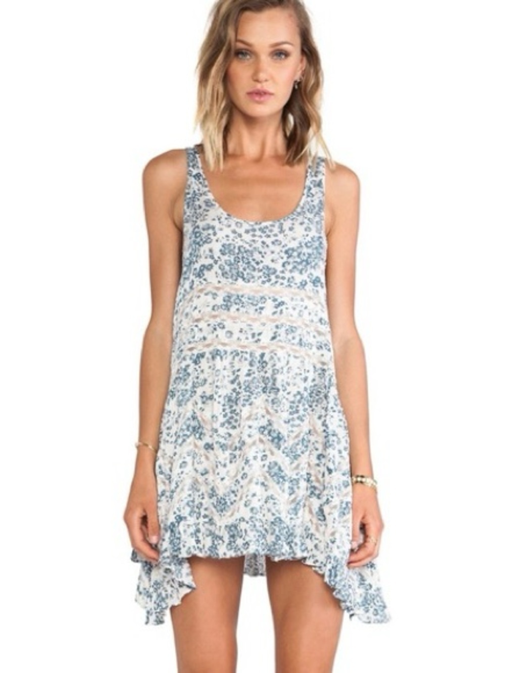 Intimately Free People White Blue Floral Voile Lace Trapeze Swing Tunic Dress